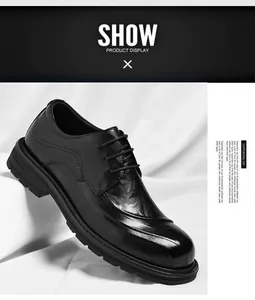 Vue détaillée des chaussures Derby en cuir noir pour hommes avec bout rond et semelle épaisse