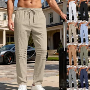 Pantalon Décontracté en Lin pour Hommes Respirant Plissé Jambe Droite Taille Élastique avec Cordon Style Minimaliste Rétro Américain