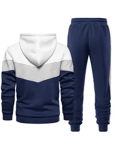 Detailed back view of men's three-color patchwork hoodie and pants tracksuit set