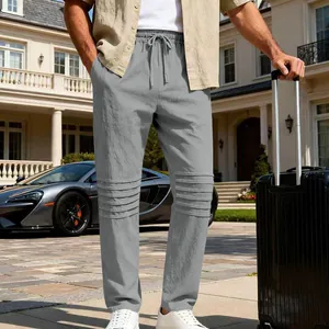 Pantalon large en lin gris pour hommes avec cordon et détails plissés aux genoux
