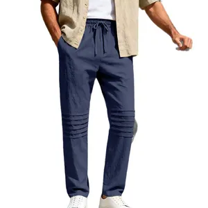 Pantalon décontracté en lin respirant pour hommes avec plis élégants aux genoux