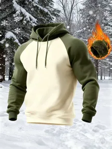 Sudadera con capucha de forro polar para hombre en verde oliva con forro grueso para invierno
