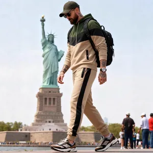 Mens 3-color patchwork hoodie and joggers set for autumn outdoor casual wear in New York