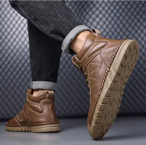 Close-up detail of men's brown leather Martin boots with high-traction anti-slip rubber sole