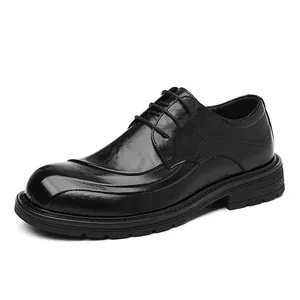Chaussures Derby classiques en cuir noir pour hommes avec bout rond et semelle épaisse robuste