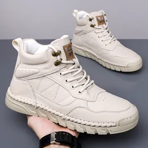 Premium cream genuine leather high-top Martin boots for men with anti-slip thick soles