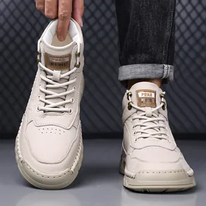 Men's premium beige leather high-top Martin boots with warm lining for winter