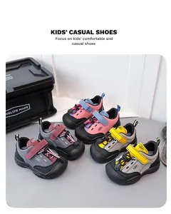 Detailed view of kids' casual sneakers in various colors with Velcro straps