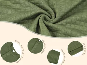 Detailed close-up view of heavy jacquard texture and button collar on green Henley shirt