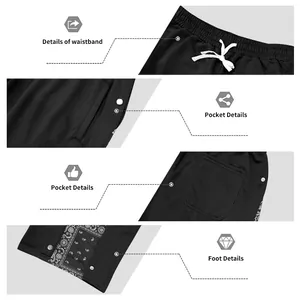 Detailed macro views of waistband drawstring side pockets and paisley snap button hem
