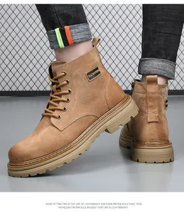 Close-up of men's tan suede work boots with durable EVA foam sole and side zipper.