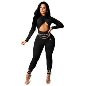 Sexy black long sleeve jumpsuit with cross cutout design and chain belt details