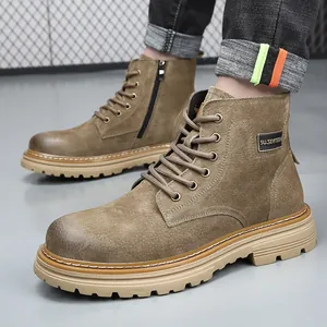 Men's Martin Boots Genuine Leather Winter Warm Fleece Lined Work Boots Vintage British Style Side Zipper Thick Sole Outdoor Shoes