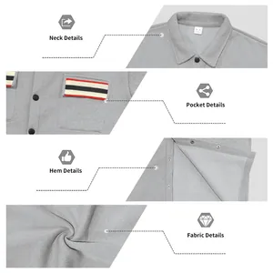 Details van kraag, zak, zoom en fleecestof van de grijze zware sweatshirtjas