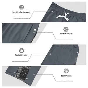 Detailed close-ups of waistband, pockets, and paisley snap button hem on grey joggers