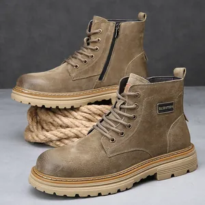Men's khaki leather Martin boots featuring a side zipper and a rugged work-style lug sole
