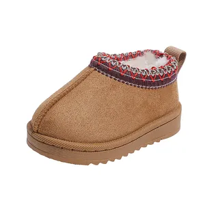 Warm toddler brown winter snow boots with embroidered collar and cozy fleece lining