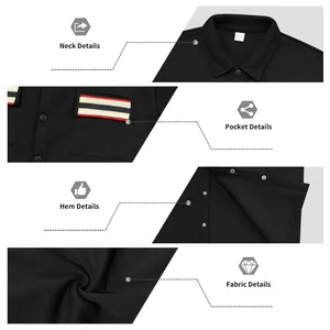 Detailweergaven van zwart fleece jack met kraag, zak, zoom en stoftextuur
