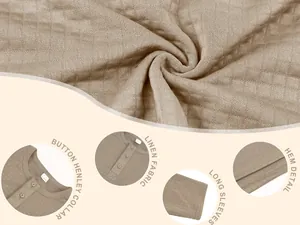 Close-up of men's linen Henley shirt showing retro jacquard fabric texture and details