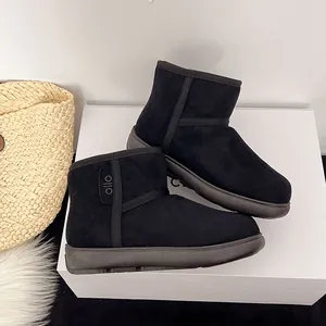Botas de nieve de ante negro para mujer con forro cálido y grueso y punta redondeada