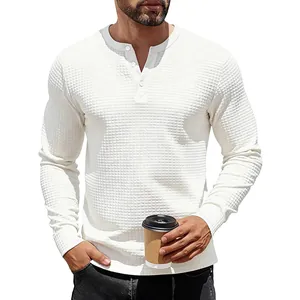 American Retro Men's Waffle Knit Henley Shirt Long Sleeve Heavyweight Loose Fit Jacquard Texture Fall Winter Casual Top
