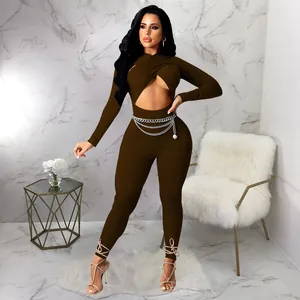Sexy brown cross-over cutout long sleeve jumpsuit for women with stylish chain belt