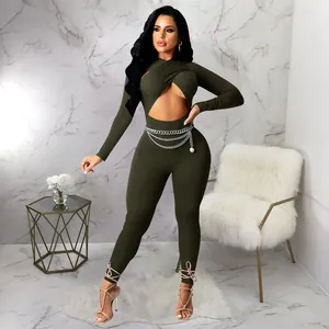 Sexy long-sleeved olive green jumpsuit with cross-over chest cutout design