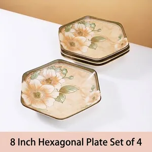 Luxe set van vier 8-inch zeshoekige keramische borden met vintage camellia bloemdessin