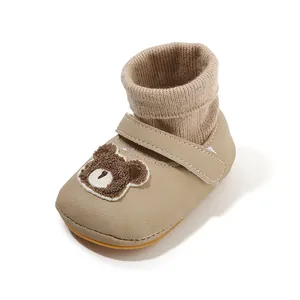 Warm baby winter sock shoes with soft soles and cute bear embroidery for newborns