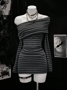 Detailed view of long sleeve striped off-the-shoulder gothic mini dress on mannequin