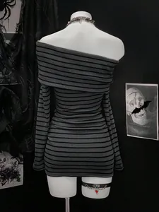 Detailed back view of a grey and black striped off-shoulder gothic style mini dress on a mannequin