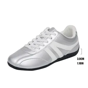 Side detail of breathable silver women's sneakers with 3.0cm/1.18in heel height info