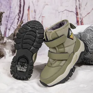 Warm boys high-top snow boots with fleece lining and integrated steel ice claws for winter