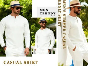 Detail of white waffle texture on a men's long sleeve Henley shirt with button collar