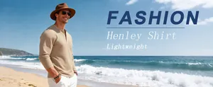 Detailed view of the men's beige waffle knit Henley shirt in a sunny beach setting