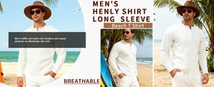 Men's white waffle knit long sleeve Henley shirt for breathable beach style fashion