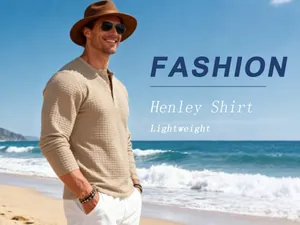Close-up of men's waffle knit Henley shirt with a texture detail on a beach setting.