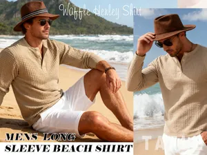 Close-up of long sleeve men's waffle Henley shirt featuring textured jacquard grid fabric