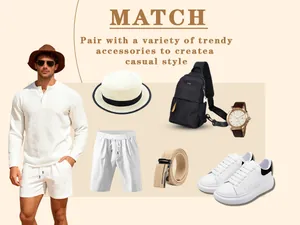 Stylish men's white waffle texture Henley shirt paired with casual accessories for a chic look