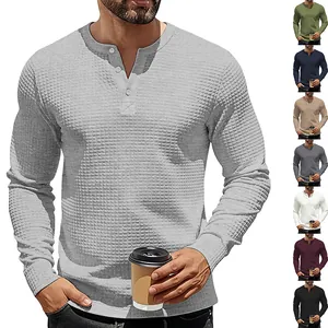 Detailed view of waffle knit long sleeve henley shirt in grey with multiple colors