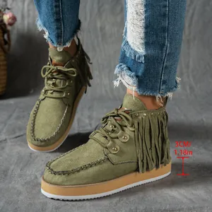 Detailed macro view of green suede fringe boots showing 1.18 inch platform heel height