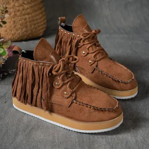 Close-up of brown suede fringe boots with Western cowboy style stitching detail.