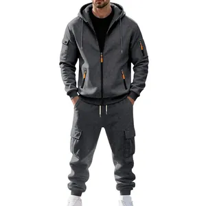 Donkergrijze heren trainingspak van zware fleece met hoodie en cargo joggingbroek