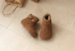 Warm and cozy brown curly fleece winter boots for toddler girls with toggle button detail