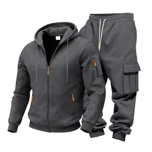 Premium donkergrijs heren fleece trainingspak met capuchon jack en cargo joggingbroek
