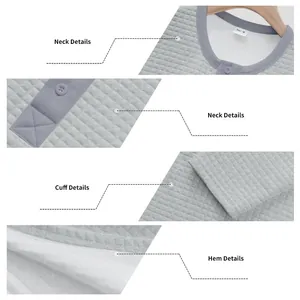 Close-up details of neck, cuff, and hem on gray waffle jacquard Henley sweatshirt