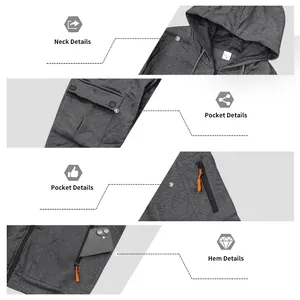 Detailweergave van grijze fleece hoodie met rits en diverse functionele zakken.