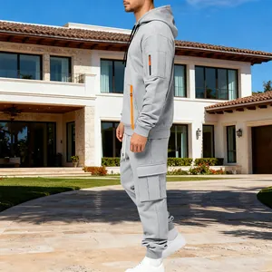 Ensemble de survêtement gris pour homme en molleton épais avec détails orange et poches