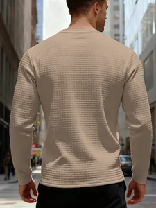 Detailed back view of a men's khaki long-sleeved sweatshirt with jacquard waffle texture