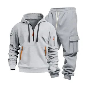 Ensemble survêtement gris pour homme, sweat à capuche et pantalon cargo en polaire